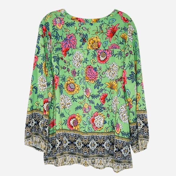 FIGUEROA & Flower Floral bohemian pleated blouse size XL. Green with pink white - Picture 5 of 11